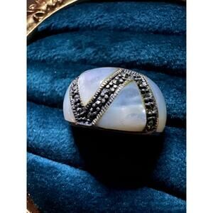 925 Sterling Silver Opalite Marcasite Dome Ring Size 7.5 Vintage Look